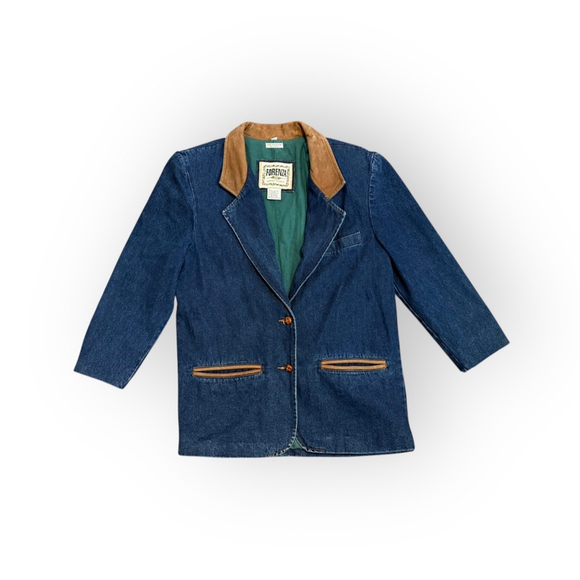 Vtg 80s Forenza Women’s Denim Blazer Tan Suede Collar Accents Jacket Sz M Lined​ - Picture 2 of 11